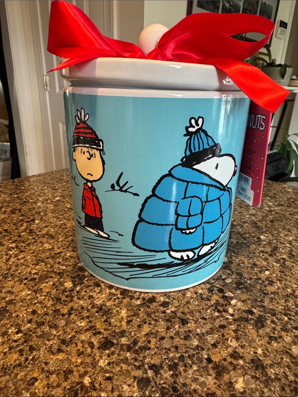 Peanuts Snoopy & Linus Ceramic Cookie Jar in Light Blue with Red Bow